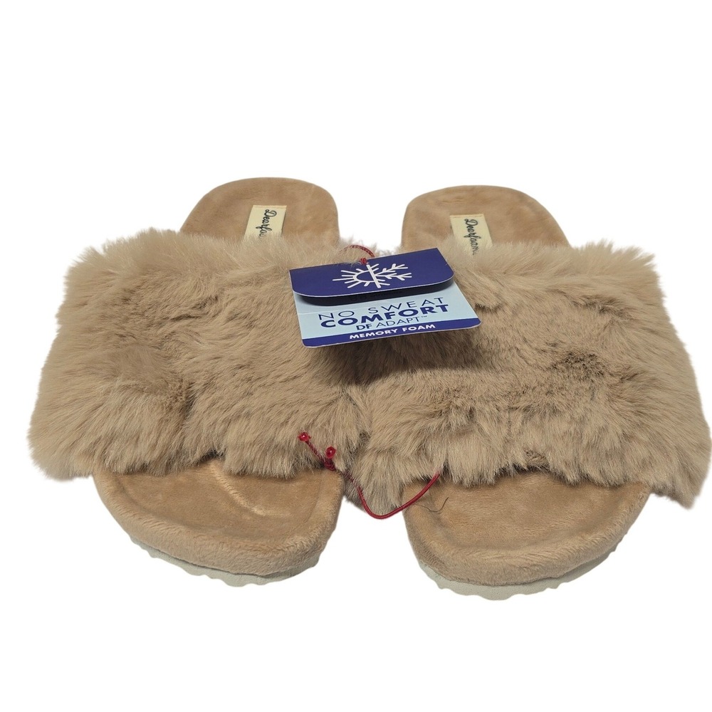 Dearfoams Womens Faux Fur Slide Slippers Latte Memory Foam 31065 Size M 7-8 NWT